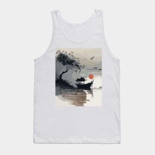 Boat on a Lake Ink Painting Tank Top